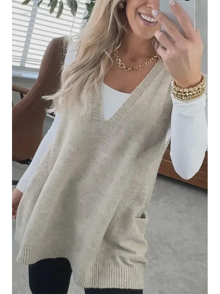 Herbst/Winter Einfarbiger V-Ausschnitt Taschen Strickweste Pullover 2025
