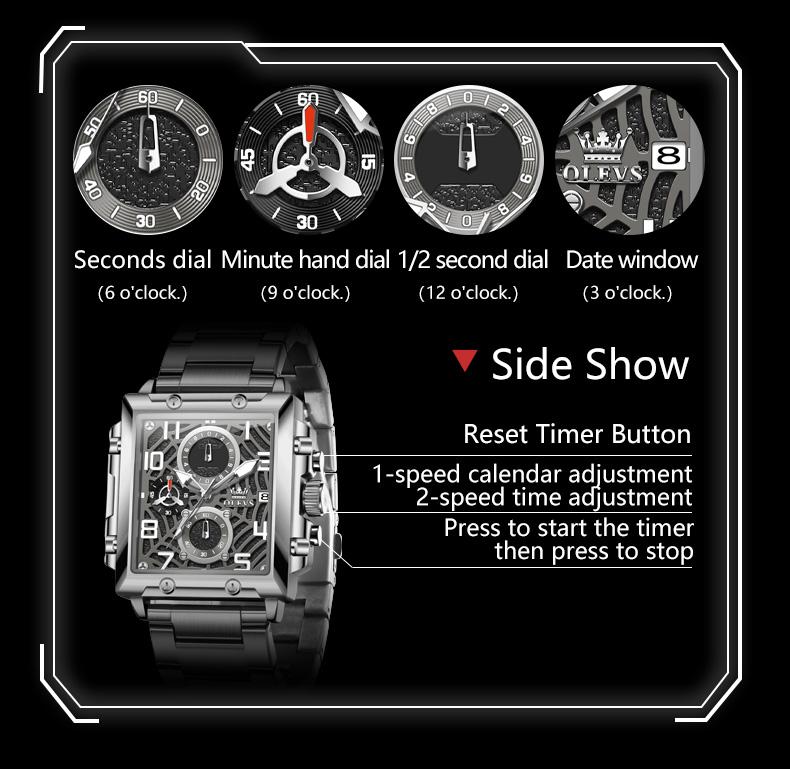 OLEVS 2958 Chronograph Mens Watches Luminous Square Stainless Steel Waterproof Original Men’s Quartz Wristwatch