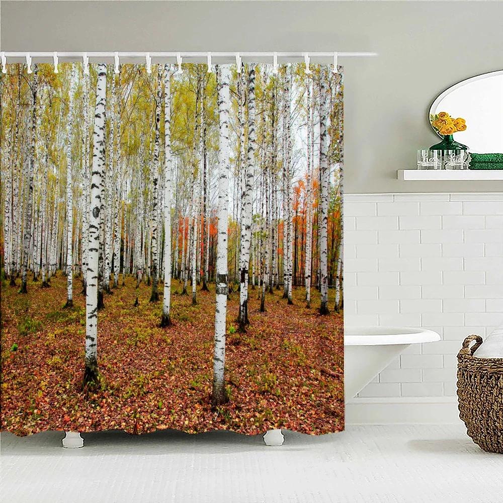 Hochwertiger Birkenwaldstoff Duschvorhang Wasserdicht Naturlandschaft Gedruckte Badevorhänge für Badezimmerdekor mit Haken
