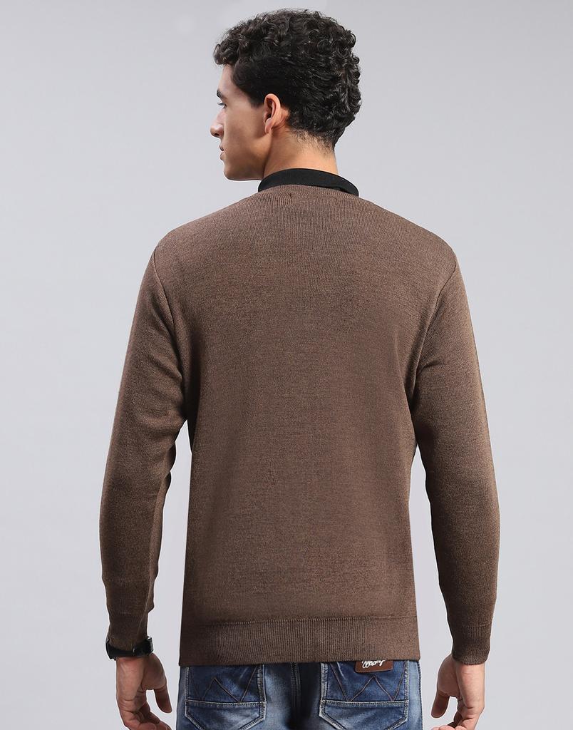 MONTE CARLO Mens Solid Brown V Neck Full Sleeve Pullover