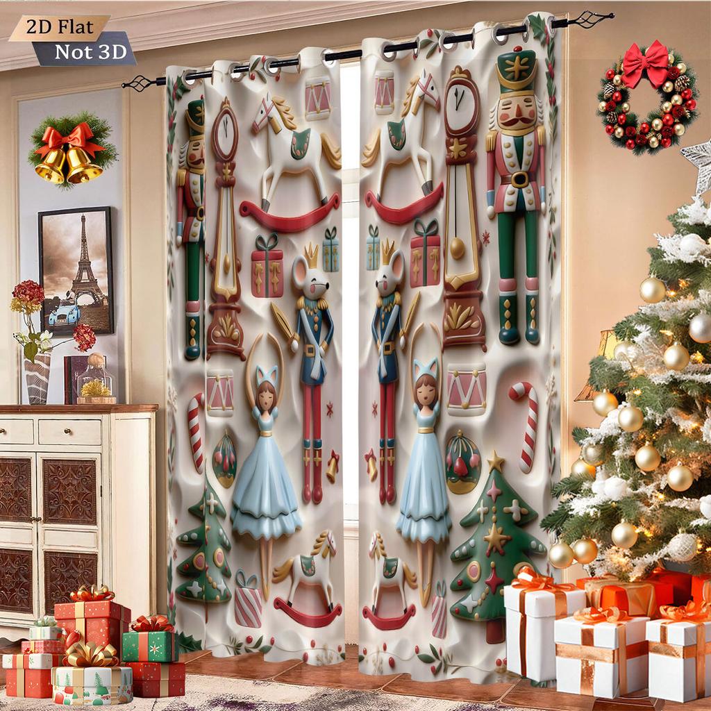 Set Of 2 Imitation Relief Christmas Print Perforated Curtains Multi Size Living Room Bedroom Insulation Decorationeasy Installation Curtain Polyester