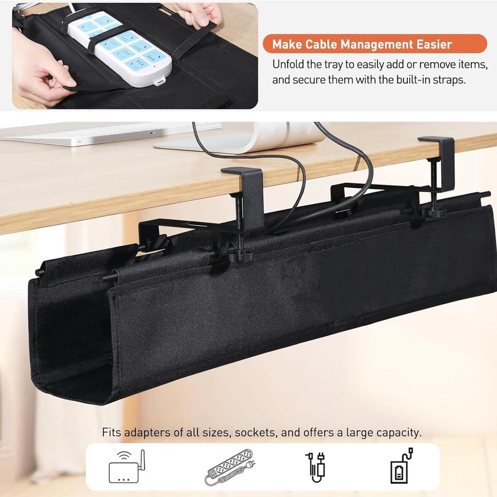 Under Desk Cable Management Box Hidden Cord Organizer with Strong C Clamp for Office Home Black Fabric