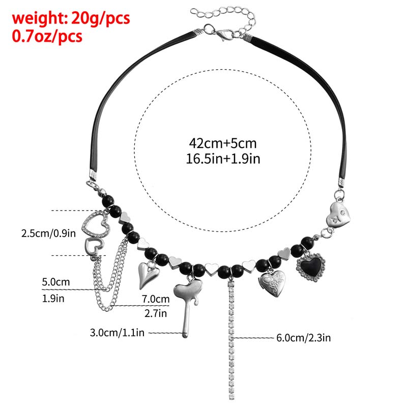 Vintage Beaded Heart Tassel Choker Necklaces for Women Punk Hip Hop Black Leather Rope Necklaces Y2K Jewelry Party Accessories