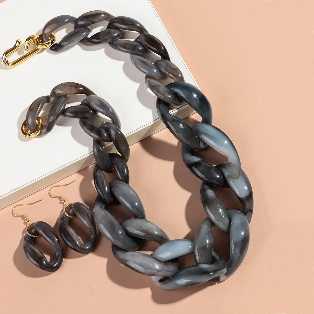 Statement Acrylic Earring Necklace Set for Women Men Boho Thick Link Chain Pendant Rock Jewelry Gifts