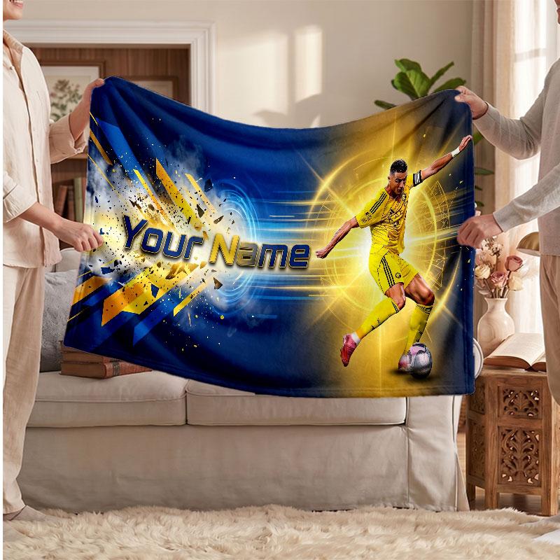 Coperta Personalizzata in Pile Cristiano Ronaldo con Logo Calcio, Testo Nome Personalizzato Morbida Calda Coperta da Divano per la Casa