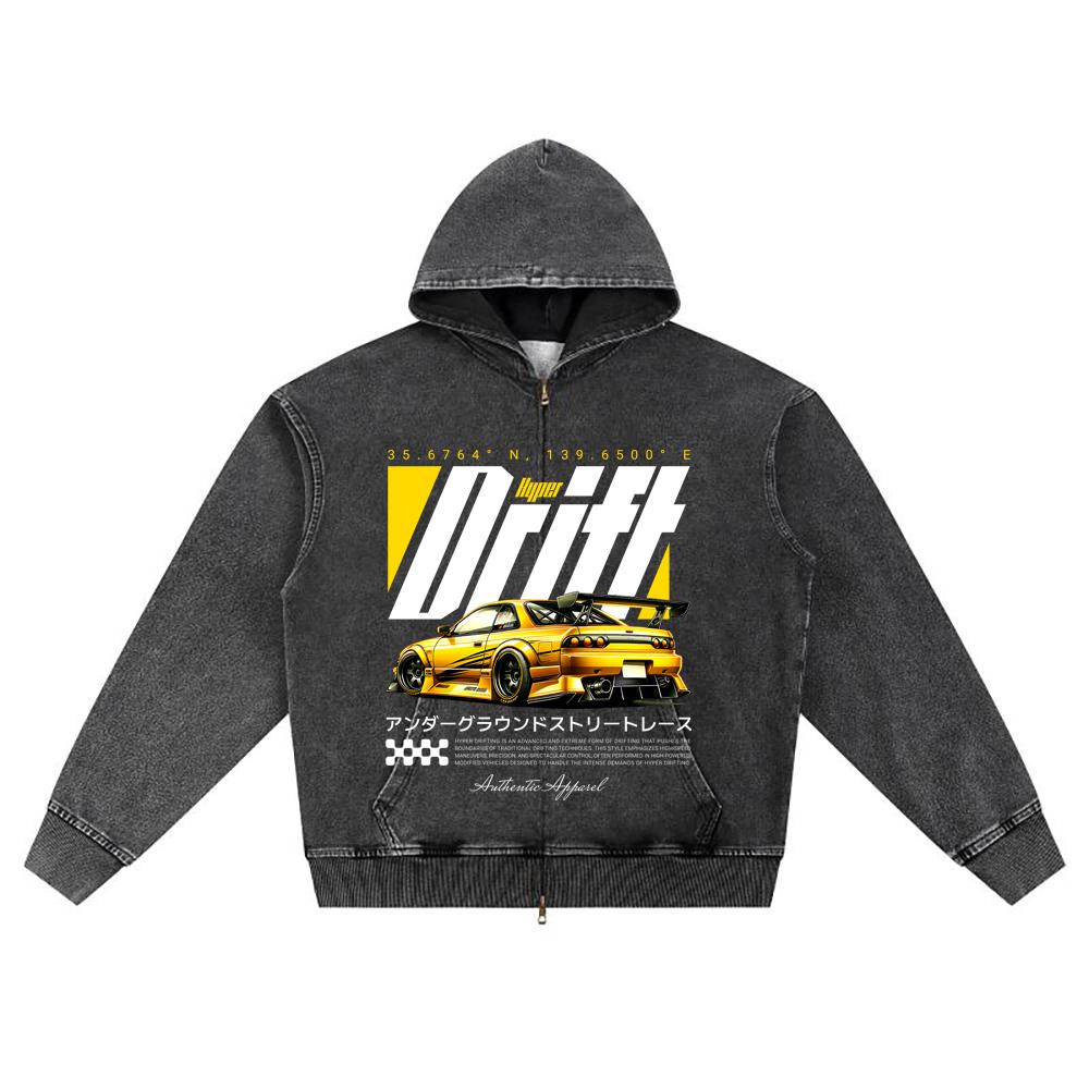 DTG print Knitted Denim Zip-Up Hoodie Hyper Drift Brother Print Zipper Hoodies  