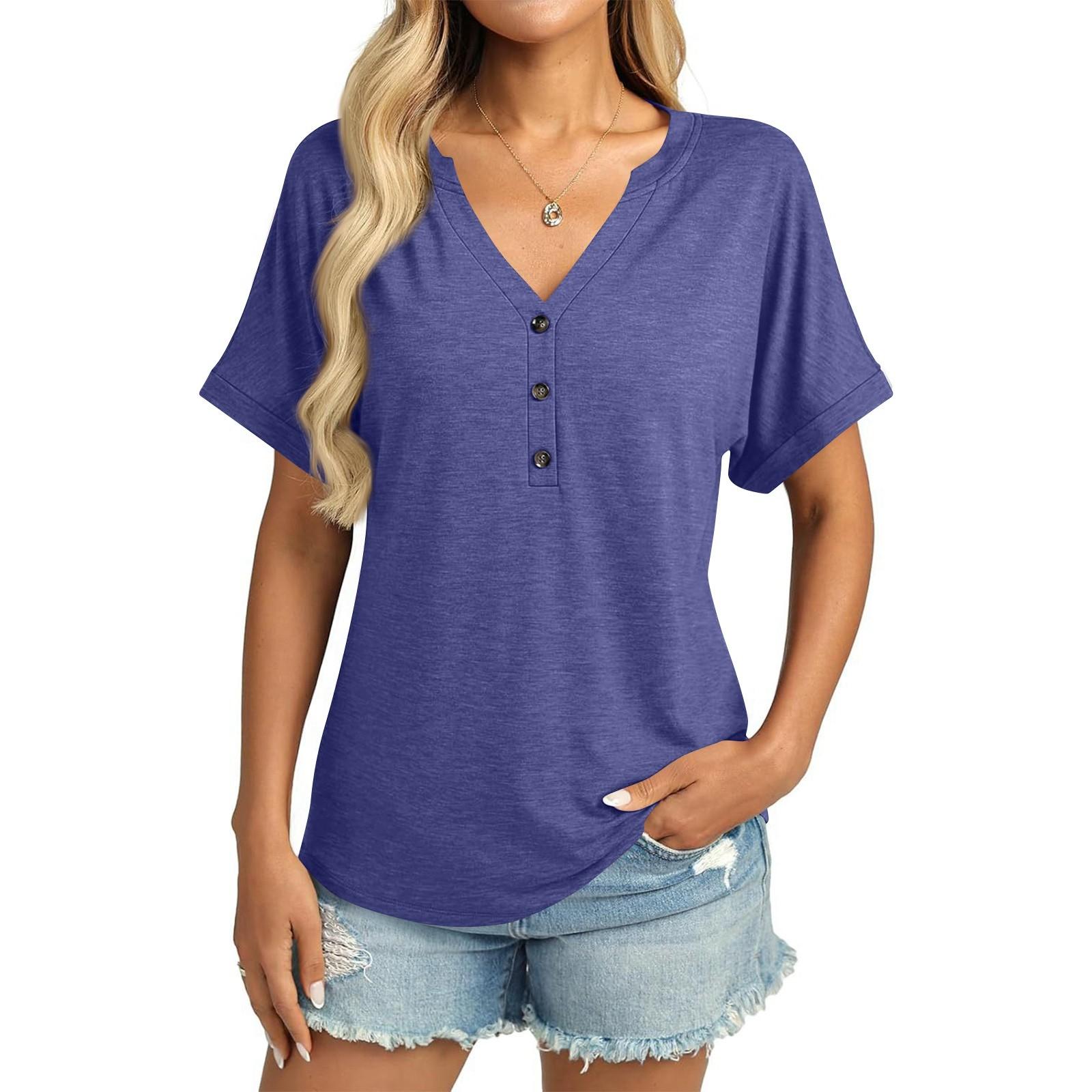 

Women s Fashion Color V Neck Button Loose Short Sleeved Pullover T-shirt Top L