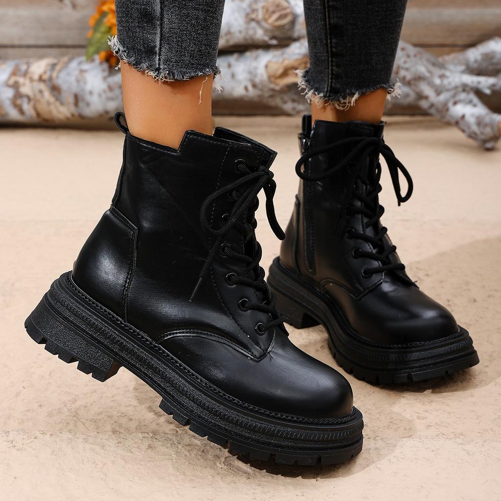 Fashion Warm Motorcycle Boots Women Lace-Up Plush Winter Ankle Boots Woman Black Beige Comfortable Flat Heel Cotton Boots