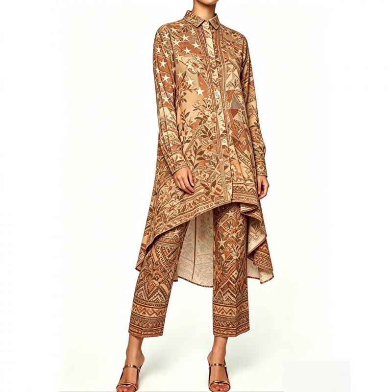 Summer new sunset seascape floral print irregular lapel long-sleeved shirt nine-point pants women's casual suit