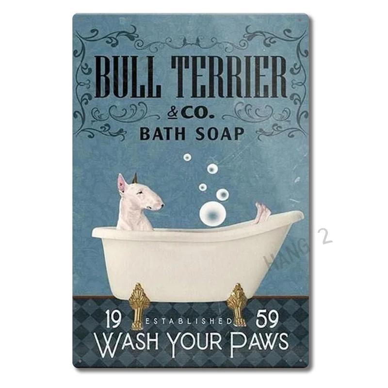 Funny Bull Terrier Dog Pet Bath Soap House Vintage Plaque Poster Tin Sign Wall Decor Hanging Metal Decoration 8x12 Inch