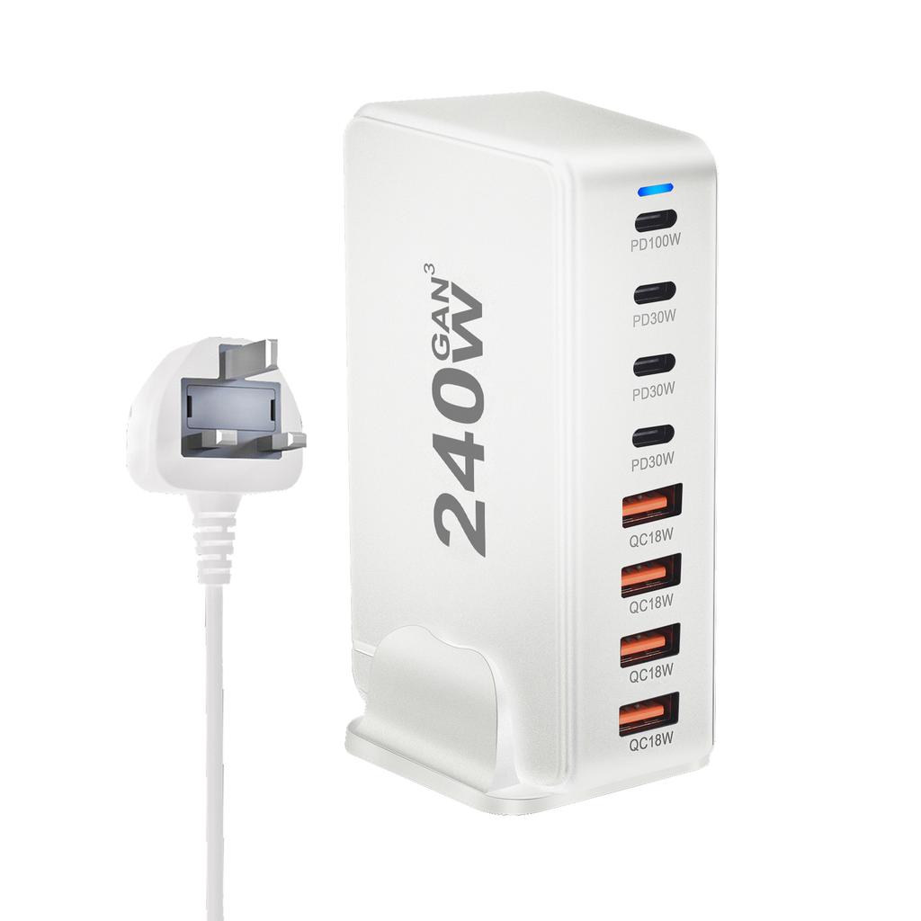 240W GaN Desktop Charger with 8 USB-C Ports, Supports PD 3.0 Fast Charging and Is Compact & Portable