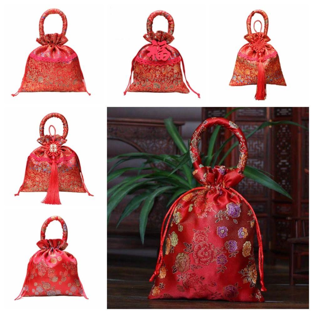 Chinese Style Flower Drawstring Bag Wedding Party Festive Sugar Bag Candy Storage Red Pocket New Year Bucket Bag Party