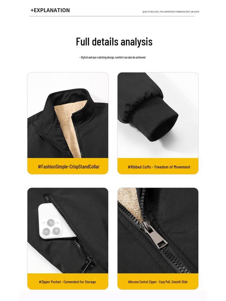 Men's Winter Fleece-Lined Stand Collar Jacket: Warm, Thick, Casual Fashion for Middle-Aged