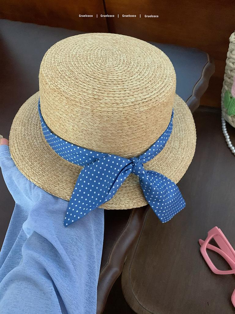DIY bow flat top sunscreen straw hat women's retro pearl design vacation seaside beach sunshade summer