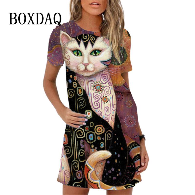 Women's Hip-hop Casual Short Sleeved O-neck A-line Skirt Mini Skirt Street Style Loose Cartoon Printed Dress