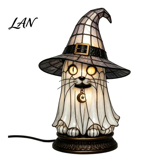 Fantasy Cat Shaped Table Lamp Black Witch Hat Lamp, with Dreamy Purple Light, Pink Ambient Desk Light Gothic Retro Halloween Ornament, for Bedroom