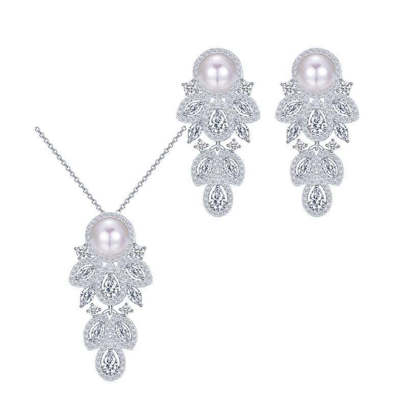 Bridal Simple Zircon Pearl Set Chain, Pure Needle Shell Pearl Necklace Earring Set