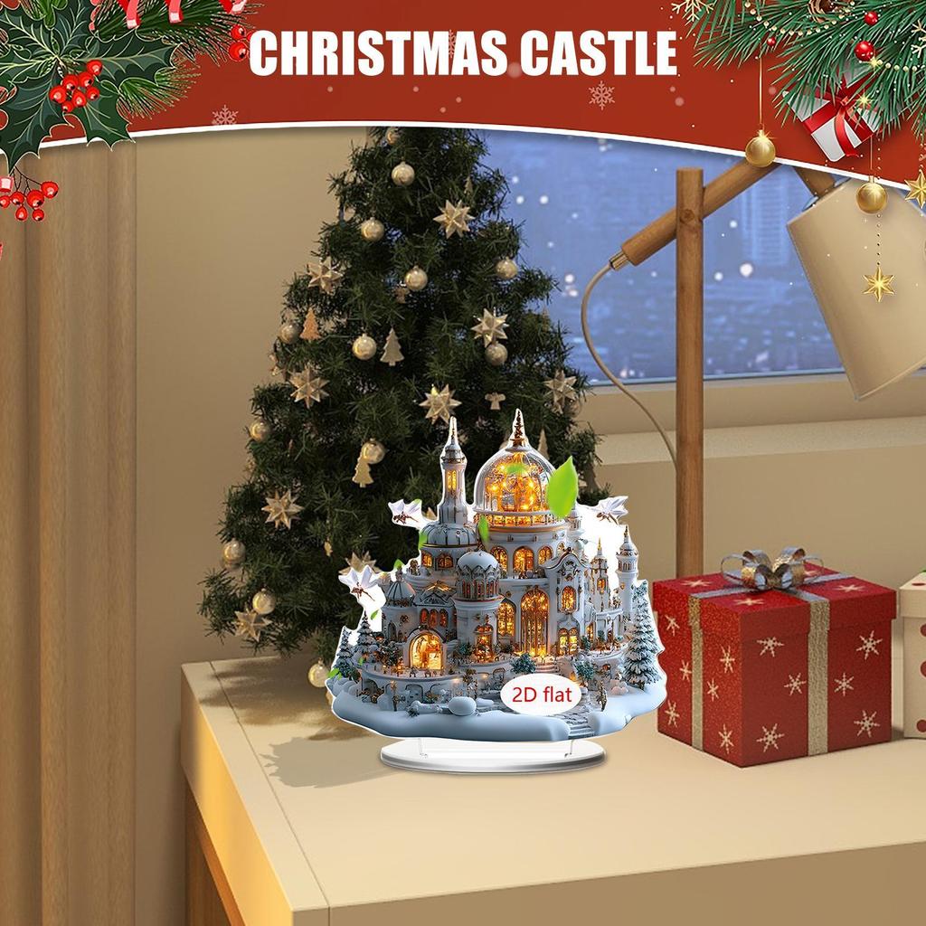 2D Christmas Table Decorations Colorful Christmas Desk Decor Acrylic Castle Pattern Ornament with Stand for Fireplace Restaurant