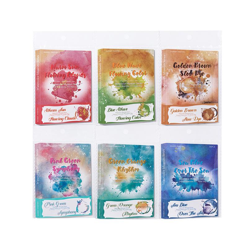 30 pcs/pack Watercolor splashes Style PET Stickers Adhesive Diy Hand Account Diary Album Scrapbooking Junk Journal Supplies