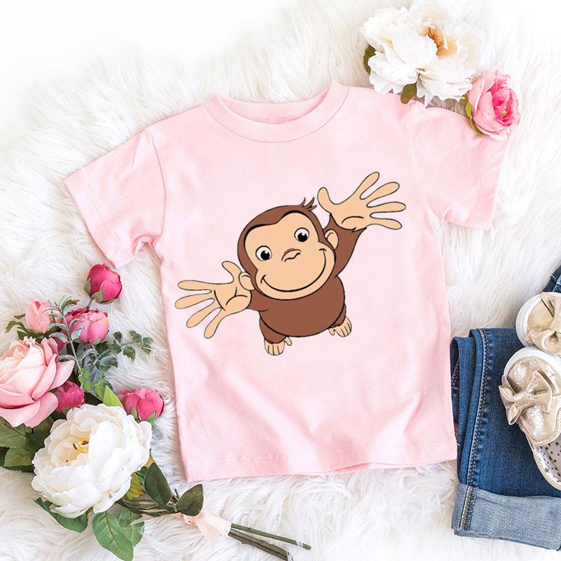 T-shirt Kawaii per bambine Stampa cartone animato Scimmietta Curious George Abbigliamento per bambini T-shirt estive T-shirt per bambine Top rosa a maniche corte