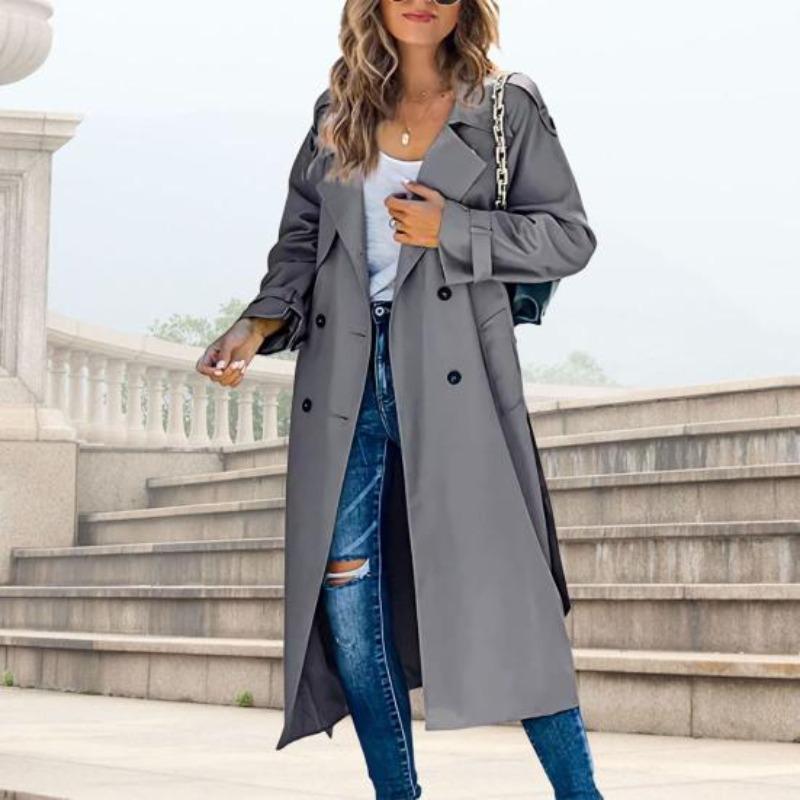 Damen Mode Einfach Zweireihig Trenchcoat Vintage Reverskragen Lange Ärmel Weiblich Schick Dame Outfits