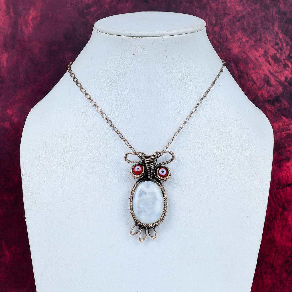Rainbow Moonstone & Red Color Evil Eye Pendant Copper Wire Wrapped Owl Jewelry