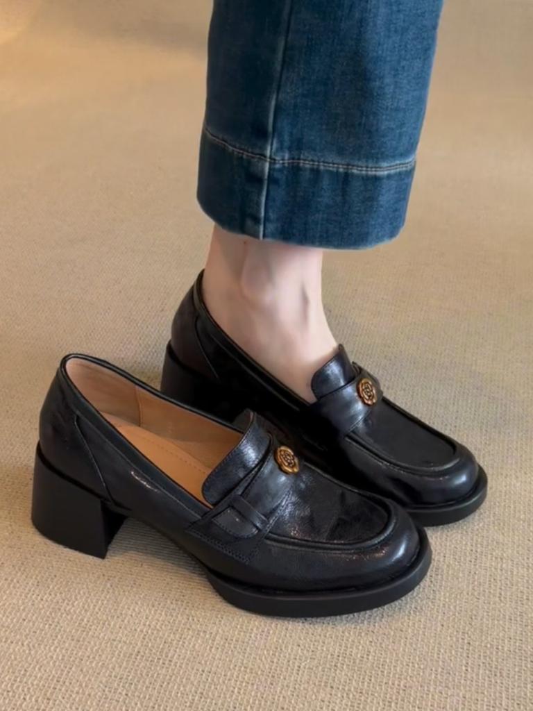 Washed horse leather~ Leather high-heeled loafers for women's spring and autumn new temperament single shoes with one foot on British style smal
