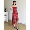 # Sisjuly# Chinese Fad Artistic Dragon Pattern Full Printed Pleated Waist Tight Asymmetric Ribbon Sexy Dress Female Fashion