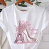 Women 100% Cotton Crew Neck Relaxed Fit Graphic Tee, Eiffel Tower And High Heels Print With Floral Accents Spring Summer Casual Tops Multi‑Colors