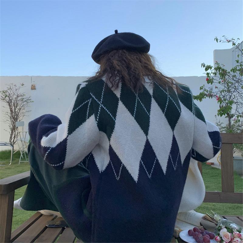 Retro Diamond Lattice Colorblocking Knitted Cardigan Female Loose Autumn and Winter Lazy Wind Sweater Jacket Comfortable Versatile and Fashionable