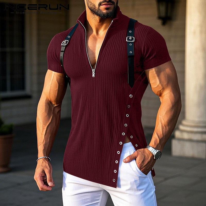 INCERUN Sommer Herren Schultergurt Kurzarm Reißverschluss Rippe Lässig Unregelmäßig Schlank T-Shirts