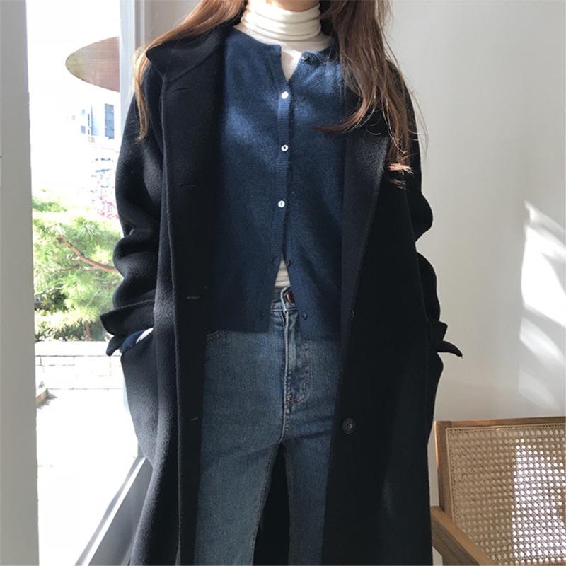2026 Spring/Autumn Women's Korean Style 100% Pure Wool Cardigan - Round Neck, Thin Cashmere Knit Sweater Coat