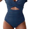 Women Monokini V-Neck Ruffle Sleeve Solid Color One-Piece Swimsuit High Waist Tummy Control Bathing Suit
