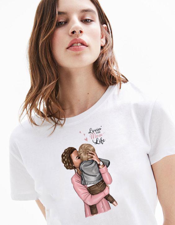 Women T Shirt Mama And Baby Boy Love Life Print T Shirt Harajuku Kawaii Streetwear White