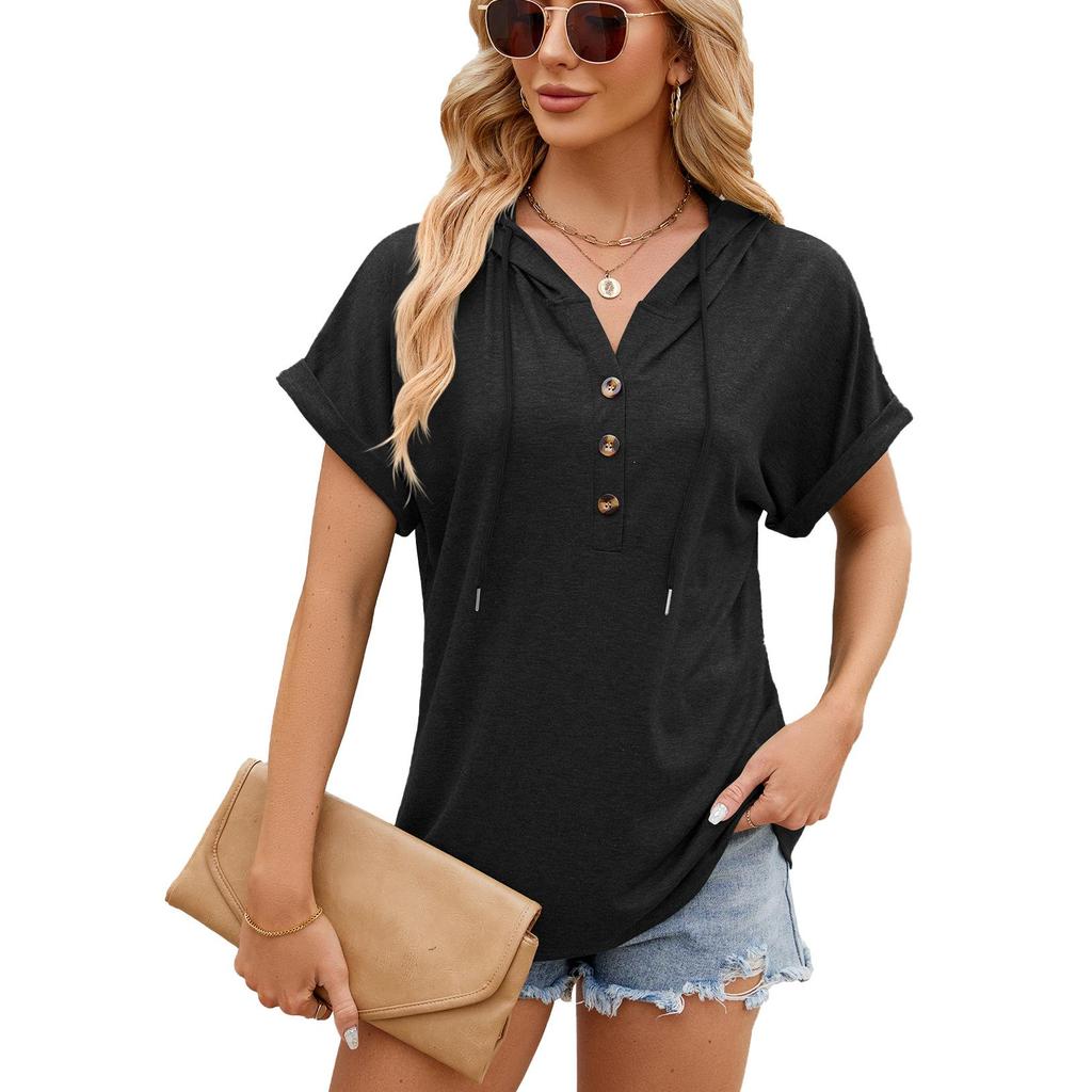 2026 Solid Color Hooded Button Loose Women's Short Sleeved T-shirt Top