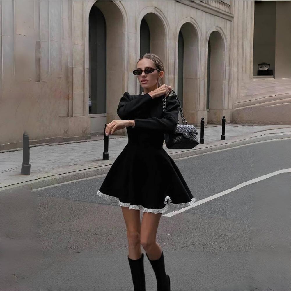 

LYRIA Splice Lace Mini Dress for Women High Waist Slim Elegant Dresses Femme Wedding Retro Temperament Dress Womens Clothes S чорний