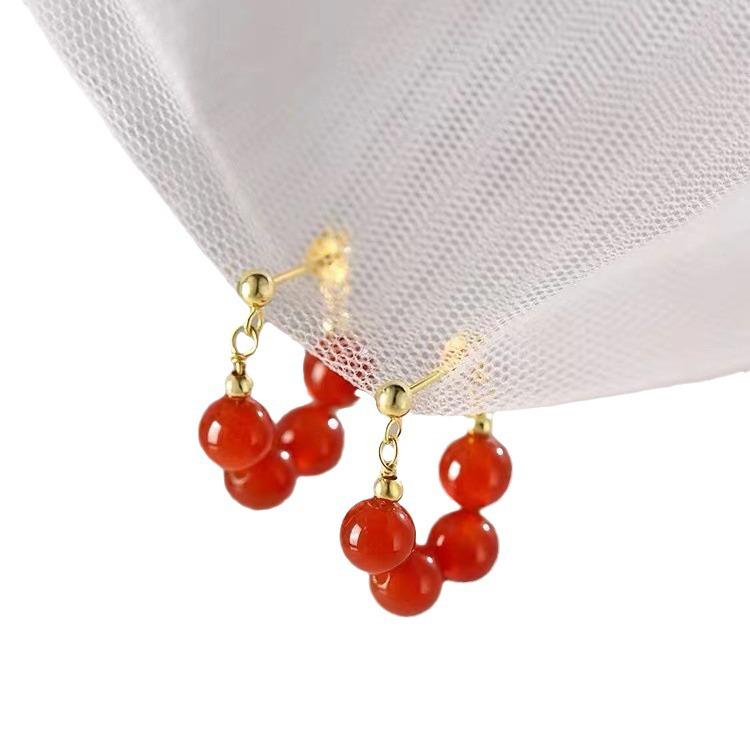 2023 Light Luxury Red Bead Stud Earrings for Women - 925 Sterling Silver