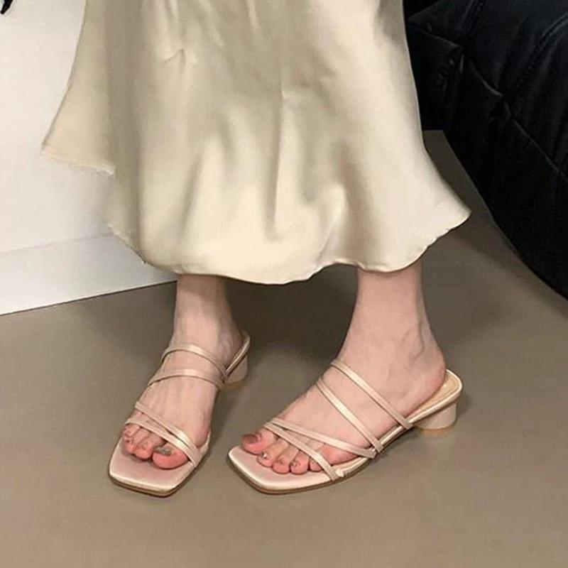 Fashion Comemore Thin Strap Thick Heel Women Sandals 2025 High Heel Slippers Large Size 42 Women's Shoes Slipper Block Heels for Women