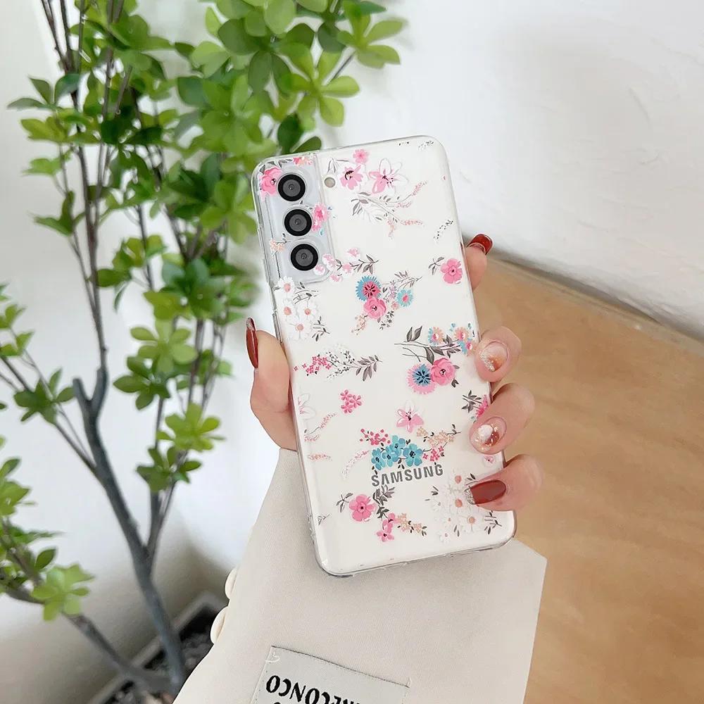 Süße handbemalte Handyhülle mit Blumen für Samsung S25 S24 S22 S21 FE Ultra Klare Silikonhüllen für Samsung Galaxy S23 Plus Ultra Hülle