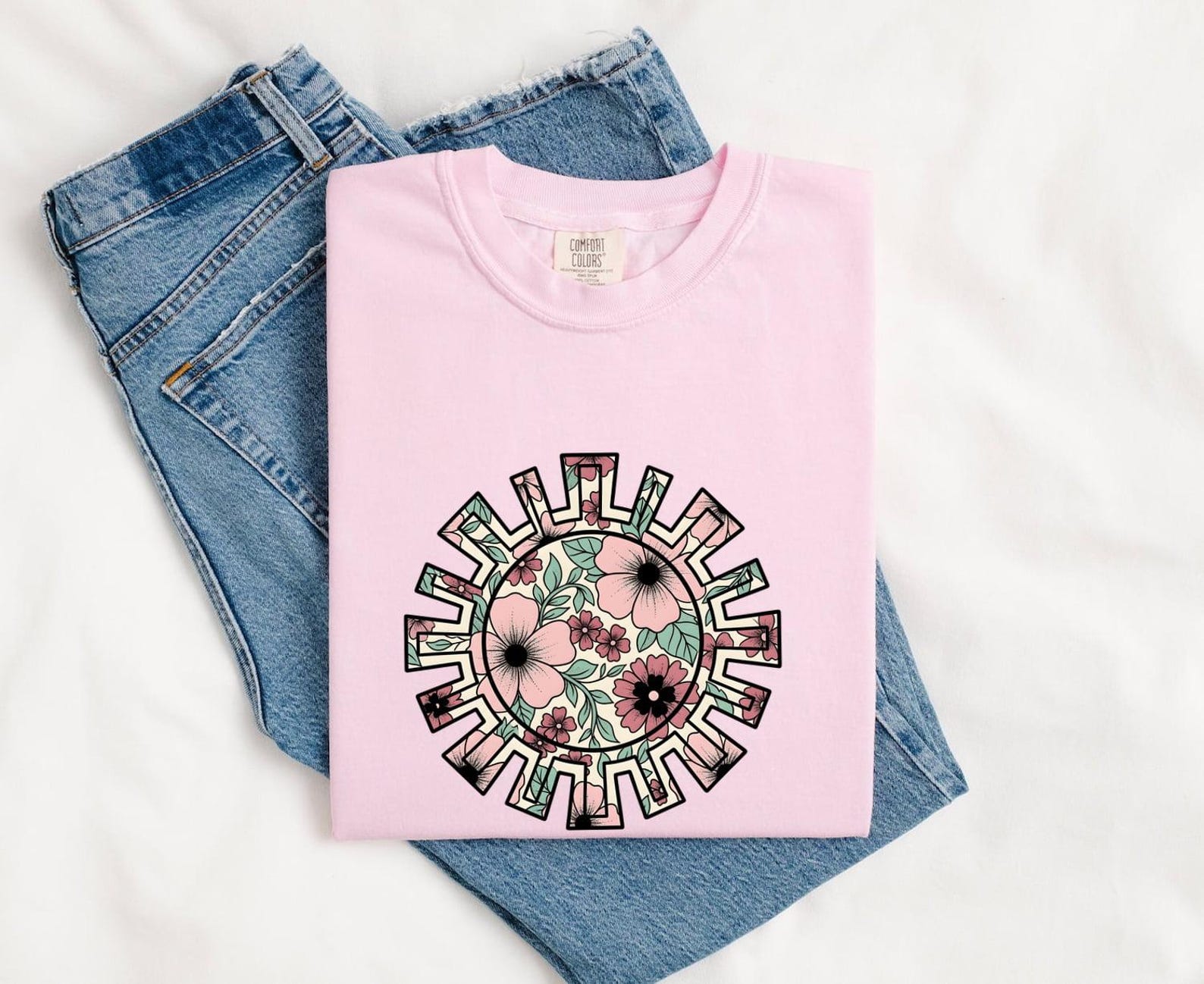 Bloom Mandala Shirt Boho Chic Petals Gift Women Tribal Tee Mandala T-Shirt Bohemian Enthusiast Tribal Tshirt Floral Graphic Hand Drawn S