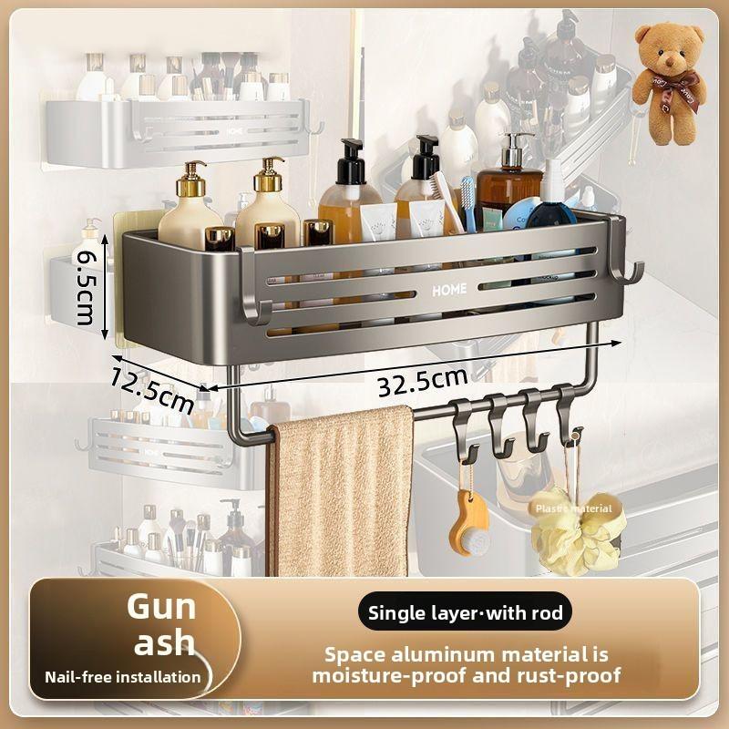 Aluminum Bathroom Storage Rack With Hooks For Shower And Toilet Organizer