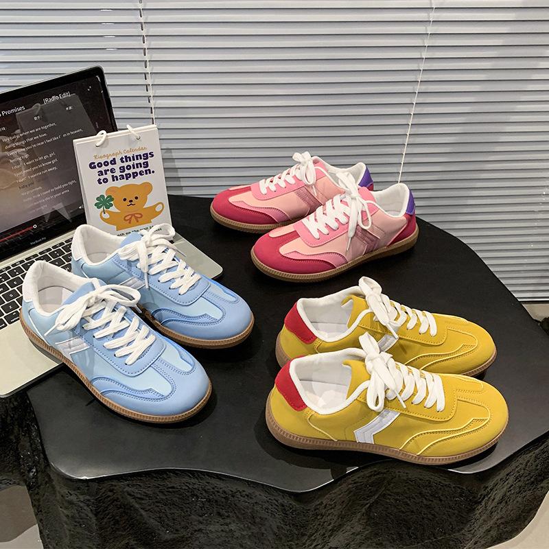 Summer New German Training Shoes Women's Flat-bottomed Lace-up Color Matching Single Shoes Women's Fashion Round Head Sports Flat Baseplate Shoes