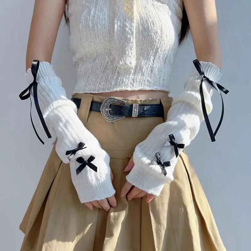 1pair Female  Fashion Arm Warmers Bowknot Soft Knitted Gloves Women Girl Half Finger Mittens Solid Color Thicken Arm Sleeves