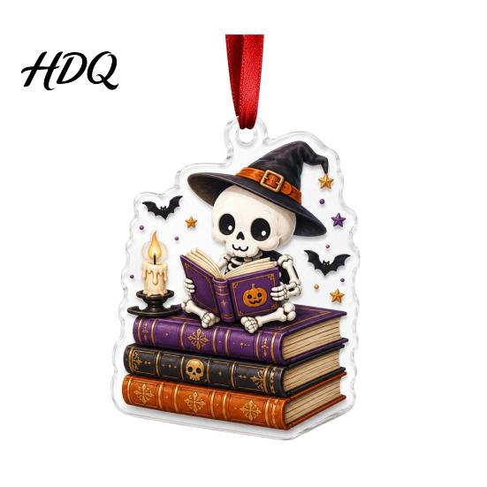 Spooky Home Decor Halloween Reading Ghost Hanging Ornament Acrylic Holding Book Pumpkin Mummy Ornament Black Cat Decor 2D Cartoon Bookish