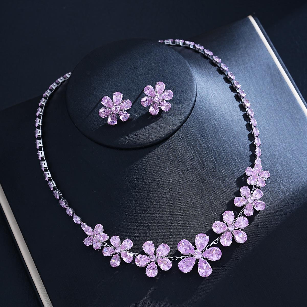 French Zircon Flower Jewelry Set: Elegant Court-Style Necklace & Earrings