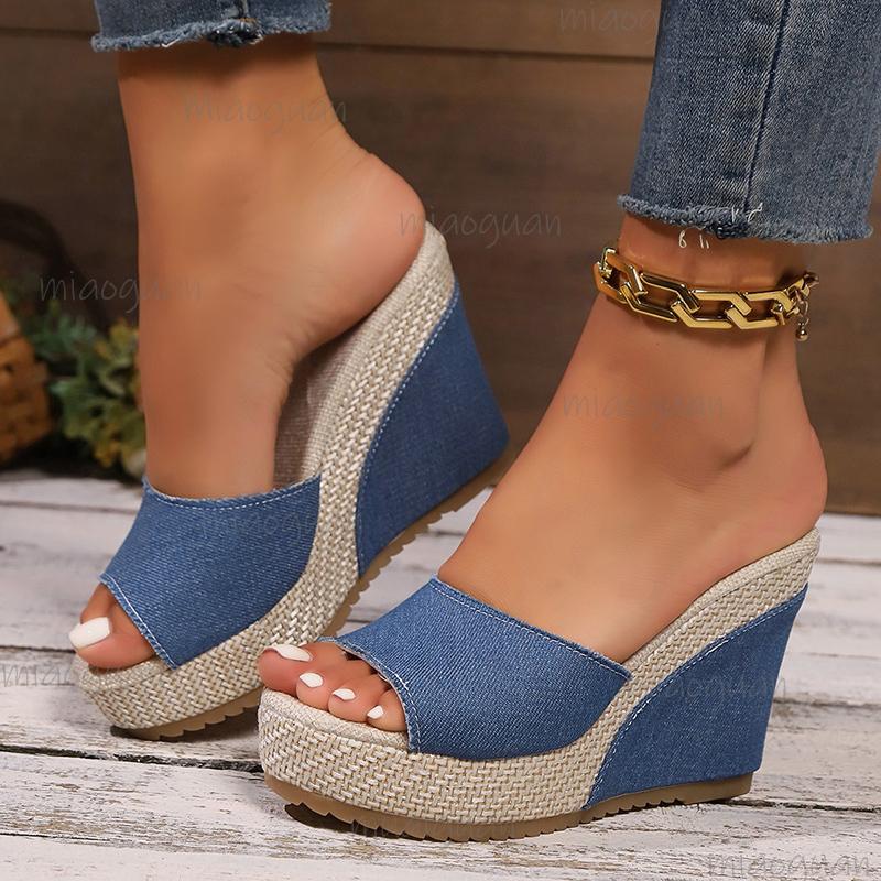 Blue Denim Wedge Sandals for Women Peep Toe Chunky Platform Slippers Woman 2025 Summer Comfort Thick Sole Beach Slides