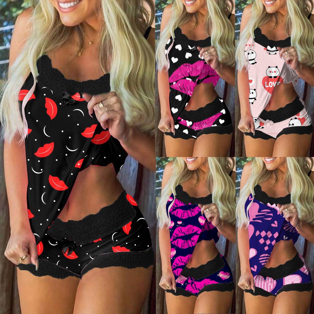 Women Print Pajamas Sleeveless Lace Cami Shorts Lingerie Sleepwear Set