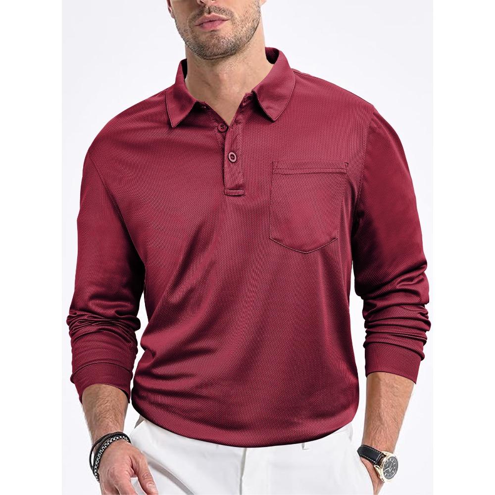 Polo da uomo casual a vestibilità larga, con bottoni sul davanti, tinta unita, maniche lunghe, colletto in rete