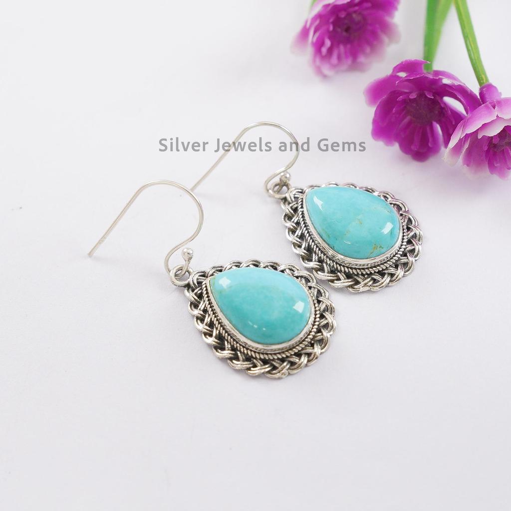Natural Turquoise Earrings, Teardrop Arizona Turquoise Boho Earrings, 925 Sterling Silver Earrings, Wedding Earring