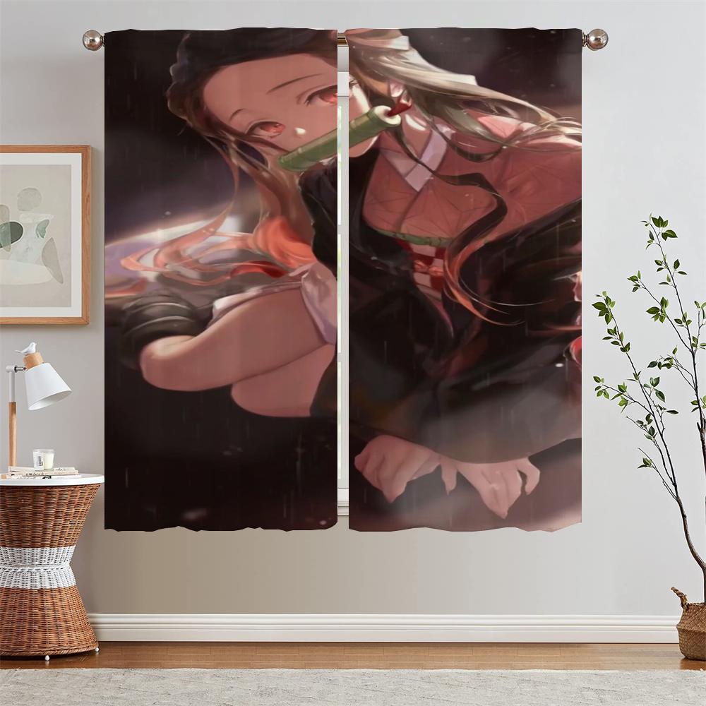 Nezuko Kamado Curtain Window Curtains for Living Room Decoration Curls Tulle In Kitchen Curtains 2 Pieces Window Blinds Blackout